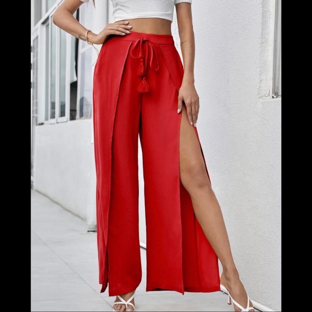 SHEIN Red Knot Front Split Thigh Foldover Front Pants